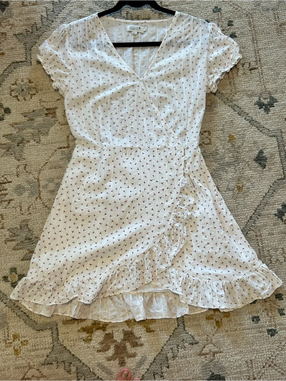Molly Bracken White Mini Wrap Dress with Red Floral Print